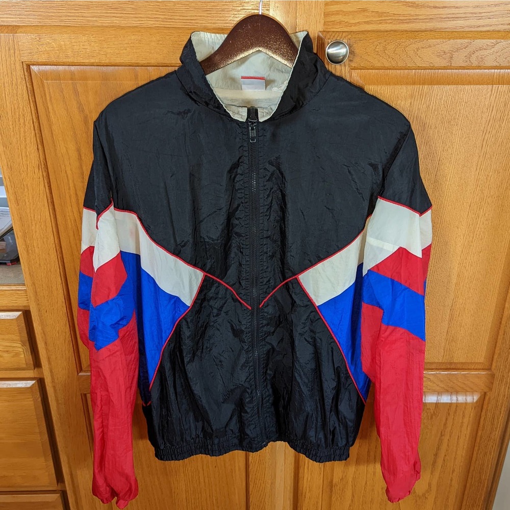 Vintage Athletic Works Blue Red White Black Windbreaker Jacket Zip Up Men size M